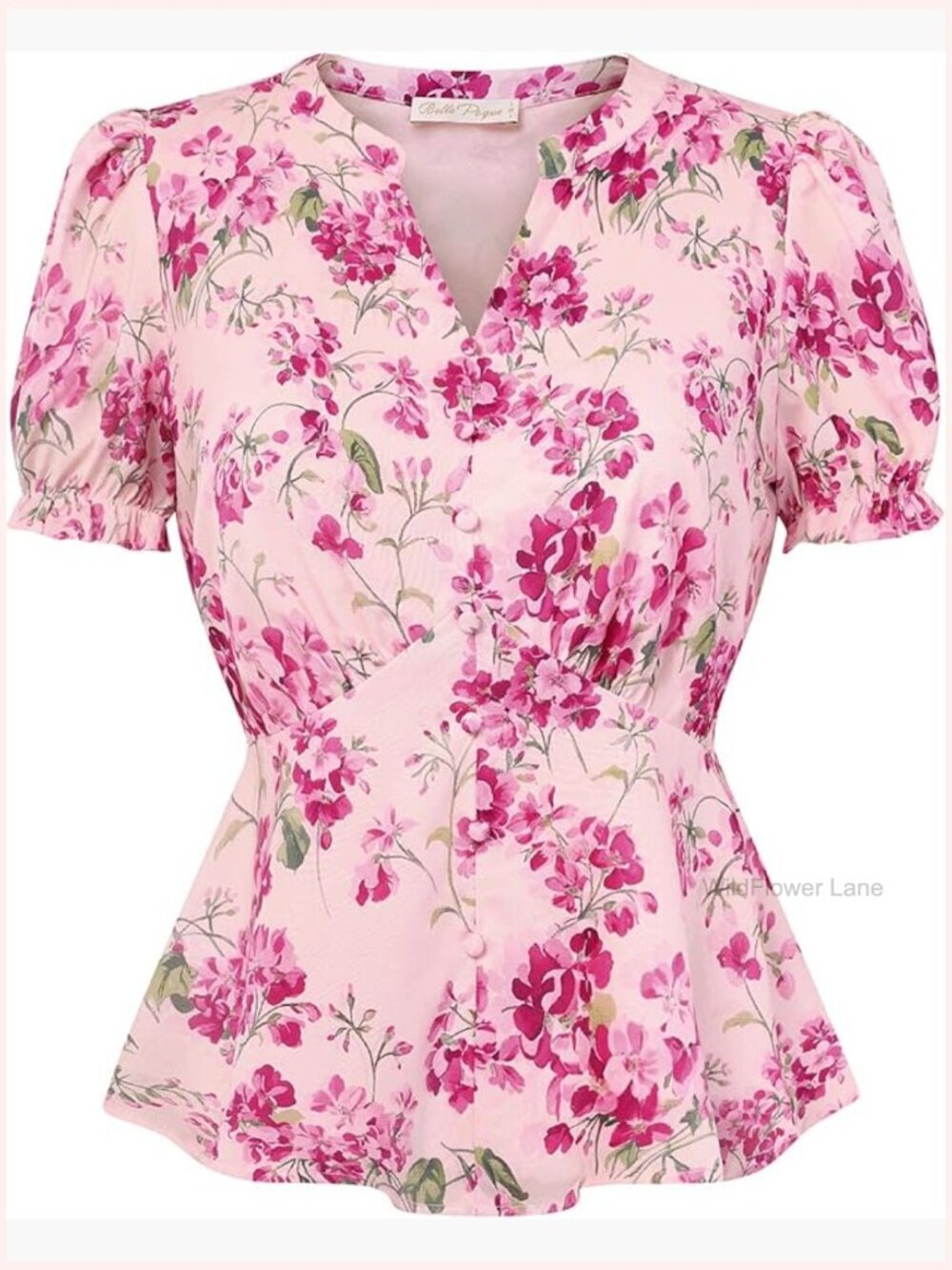 Women's Peplum Blouse with Short Puff Sleeves Henley V Neck Floral Top